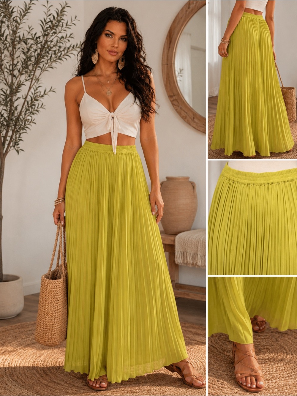 Naked Zebra Pleated Maxi Skirt in Chartreuse